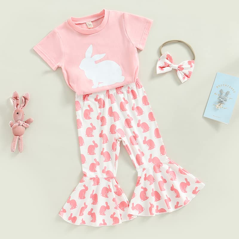 YINGISFITM Baby Girl Easter Outfit Bunny Print Short Sleeve Tee Tshirt Pants Toddler Bell Bottoms Summer Clothes 2Pcs Set (2-3T,Pink Rabbit) from YINGISFITM