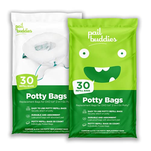 60 Refill Potty Bags: Absorbent, Disposable Potty Liners Compatible with OXO Tot 2-in-1 Go Potty | Strong, Leak-Proof Bags work with most Travel Potties, Potty Chairs, Potty Seats & Portable Toilets by Pail Buddies