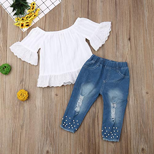 Toddler Kids Clothing Baby Girls Vest Tank Top Ripped Denim Shorts Skirts Outfits Clothes Set (5-6 Years, White) by 