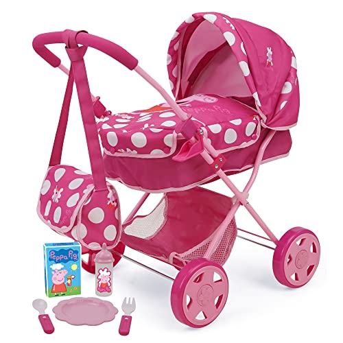 Peppa Pig: Baby Classic Doll Pram Set - Pink & White Dots - 7 Piece Set, Fits Dolls Up to 18", Retractable Canopy, Storage Basket, Diaper Bag & 5 Feeding Accessories, Pretend Play for Kids Ages 3+ from 509 Crew (Hong Kong) Limited