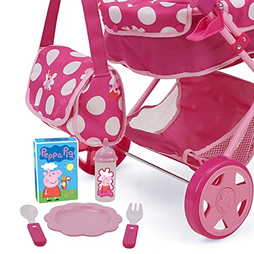 Peppa Pig: Baby Classic Doll Pram Set - Pink & White Dots - 7 Piece Set, Fits Dolls Up to 18", Retractable Canopy, Storage Basket, Diaper Bag & 5 Feeding Accessories, Pretend Play for Kids Ages 3+ from 509 Crew (Hong Kong) Limited