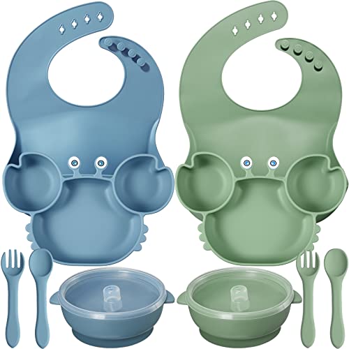 10 Pcs Baby Led Weaning Supplies, Silicone Baby Feeding Set with Crab Shape Divided Plate Adjustable Bib Suction Bowl Soft Spoon Fork, Toddler Self Eating Utensil Set from Yinder