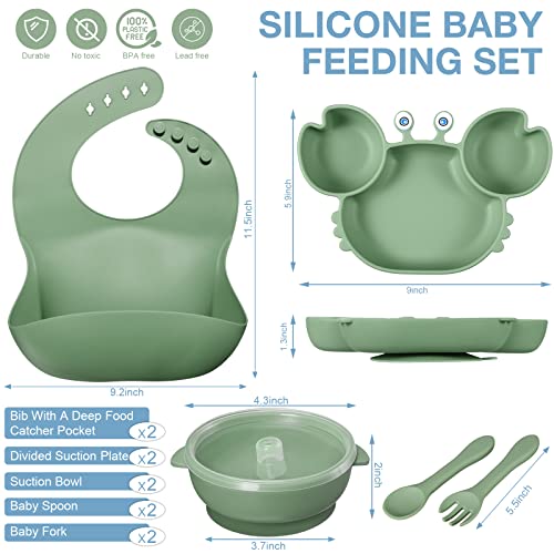 10 Pcs Baby Led Weaning Supplies, Silicone Baby Feeding Set with Crab Shape Divided Plate Adjustable Bib Suction Bowl Soft Spoon Fork, Toddler Self Eating Utensil Set from Yinder
