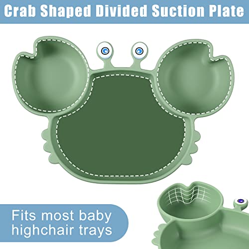 10 Pcs Baby Led Weaning Supplies, Silicone Baby Feeding Set with Crab Shape Divided Plate Adjustable Bib Suction Bowl Soft Spoon Fork, Toddler Self Eating Utensil Set from Yinder