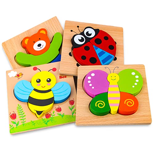 SKYFIELD Wooden Animal Puzzles for Toddlers 1 2 3 Years Old, Boys & Girls Educational Toys Gift with 4 Animals Patterns, Bright Vibrant Color Shapes, Customized Gift Box Ready by SKYFIELD