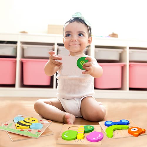 SKYFIELD Wooden Animal Puzzles for Toddlers 1 2 3 Years Old, Boys & Girls Educational Toys Gift with 4 Animals Patterns, Bright Vibrant Color Shapes, Customized Gift Box Ready by SKYFIELD