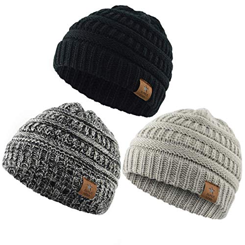 Durio 0-2 years Warm Winter Baby Beanies for Boys Soft Thick Cozy Knitted Toddler Infant Winter Hat Babies Caps 3 Pack Black & Light Grey & Black White from 
