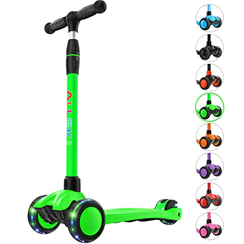 Allek Kick Scooter B03, Lean 'N Glide 3-Wheeled Push Scooter with Extra Wide PU Light-Up Wheels, Any Height Adjustable Handlebar and Strong Thick Deck for Children from 3-12yrs (Lime Green) by Allek