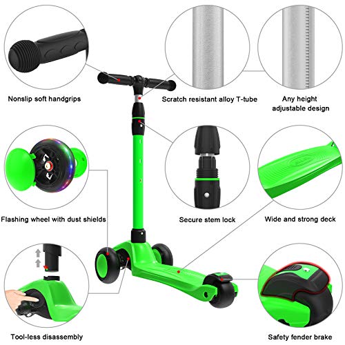 Allek Kick Scooter B03, Lean 'N Glide 3-Wheeled Push Scooter with Extra Wide PU Light-Up Wheels, Any Height Adjustable Handlebar and Strong Thick Deck for Children from 3-12yrs (Lime Green) by Allek