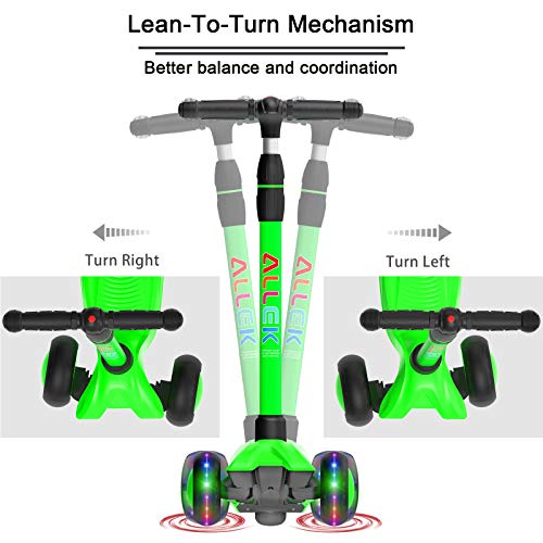 Allek Kick Scooter B03, Lean 'N Glide 3-Wheeled Push Scooter with Extra Wide PU Light-Up Wheels, Any Height Adjustable Handlebar and Strong Thick Deck for Children from 3-12yrs (Lime Green) by Allek