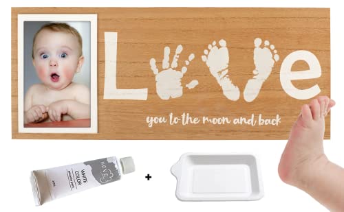 Baby Footprint & Handprint Photo Frame Kit | Includes White Paint and Paint Tray | Perfect Baby Shower Gift for Boy & Girl | Newborn Keepsake Frame | Foot & Hand Impression (17 x 7 Inches) by 