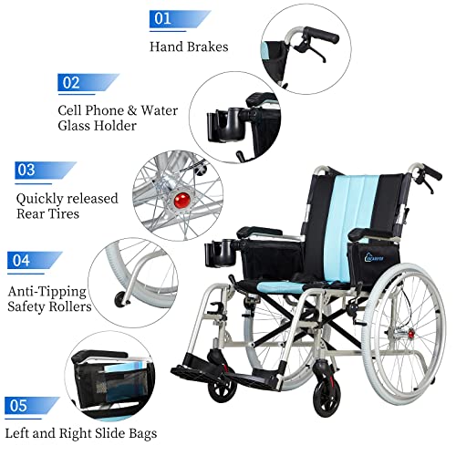 ENCAREFOR 19.5lbs Ultra Lightweight Wheelchair with Ergonomic Backrest, 20" Wide Seat Wheelchair for Adults, Foldable Portable Magnesium Self-propelled Wheelchair with Travel Bag 2-in-1 Holder Silver from ENCAREFOR