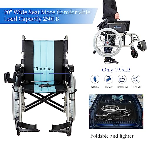 ENCAREFOR 19.5lbs Ultra Lightweight Wheelchair with Ergonomic Backrest, 20" Wide Seat Wheelchair for Adults, Foldable Portable Magnesium Self-propelled Wheelchair with Travel Bag 2-in-1 Holder Silver from ENCAREFOR