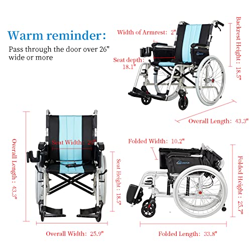 ENCAREFOR 19.5lbs Ultra Lightweight Wheelchair with Ergonomic Backrest, 20" Wide Seat Wheelchair for Adults, Foldable Portable Magnesium Self-propelled Wheelchair with Travel Bag 2-in-1 Holder Silver from ENCAREFOR