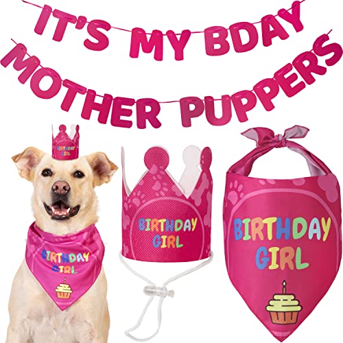 Odi Style Dog Birthday Party Supplies - Dog Birthday Bandana Set - Birthday Girl Bandana for Medium, Large Dogs, Party Hat, Crown and Cute Dog Birthday Banner with It's My Birthday Mother Puppers Sign from Odi Style