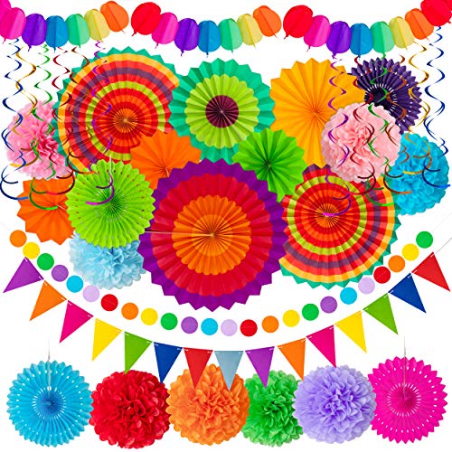 Moon Boat 35PCS Fiesta Paper Fan Party Decorations Set - Cinco De Mayo Pom Poms,Pennant,Garland String,Banner,Hanging Swirls Decor Supplies from Moon Boat