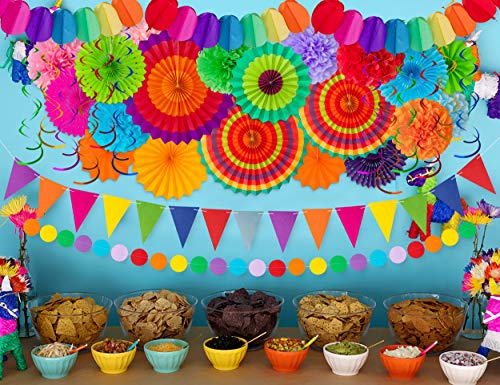 Moon Boat 35PCS Fiesta Paper Fan Party Decorations Set - Cinco De Mayo Pom Poms,Pennant,Garland String,Banner,Hanging Swirls Decor Supplies from Moon Boat