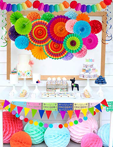 Moon Boat 35PCS Fiesta Paper Fan Party Decorations Set - Cinco De Mayo Pom Poms,Pennant,Garland String,Banner,Hanging Swirls Decor Supplies from Moon Boat