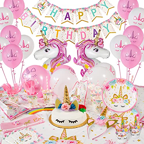 Unicorn Birthday Decorations for Girls - Unicorn Party Supplies - 211 Pieces - Disposable Tableware Kit Serves 16 - Headband - Cake Topper with Eyelashes - Unicorn Balloons â Birthday Banner â BONUS: Bracelet, Ring, and Birthday Sash from FETEDAY