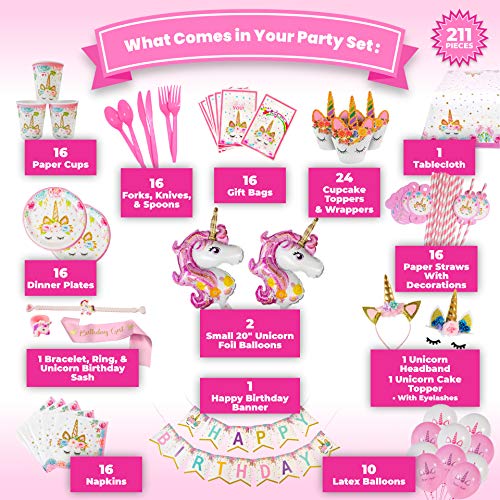Unicorn Birthday Decorations for Girls - Unicorn Party Supplies - 211 Pieces - Disposable Tableware Kit Serves 16 - Headband - Cake Topper with Eyelashes - Unicorn Balloons â Birthday Banner â BONUS: Bracelet, Ring, and Birthday Sash from FETEDAY