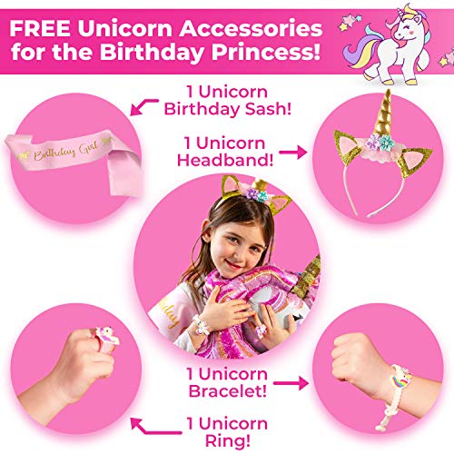 Unicorn Birthday Decorations for Girls - Unicorn Party Supplies - 211 Pieces - Disposable Tableware Kit Serves 16 - Headband - Cake Topper with Eyelashes - Unicorn Balloons â Birthday Banner â BONUS: Bracelet, Ring, and Birthday Sash from FETEDAY
