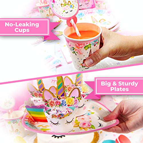 Unicorn Birthday Decorations for Girls - Unicorn Party Supplies - 211 Pieces - Disposable Tableware Kit Serves 16 - Headband - Cake Topper with Eyelashes - Unicorn Balloons â Birthday Banner â BONUS: Bracelet, Ring, and Birthday Sash from FETEDAY
