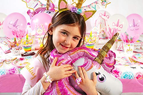 Unicorn Birthday Decorations for Girls - Unicorn Party Supplies - 211 Pieces - Disposable Tableware Kit Serves 16 - Headband - Cake Topper with Eyelashes - Unicorn Balloons â Birthday Banner â BONUS: Bracelet, Ring, and Birthday Sash from FETEDAY