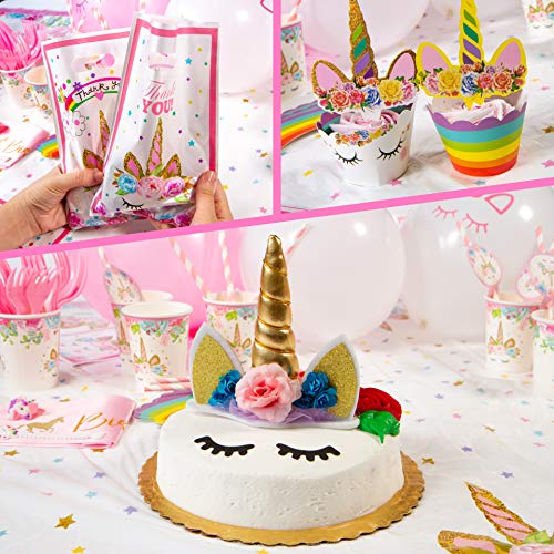 Unicorn Birthday Decorations for Girls - Unicorn Party Supplies - 211 Pieces - Disposable Tableware Kit Serves 16 - Headband - Cake Topper with Eyelashes - Unicorn Balloons â Birthday Banner â BONUS: Bracelet, Ring, and Birthday Sash from FETEDAY