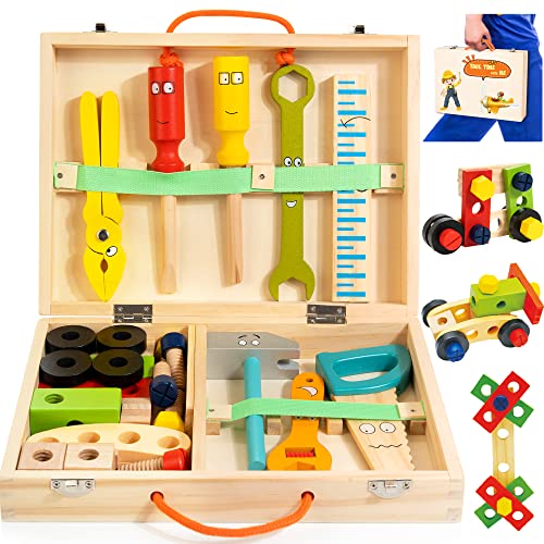 Bravmate Kids Tool Set, Pretend Play Toddler Wooden Tool Toys with Tool Box, Educational DIY STEM Toys for Boys and Girls Age 3, 4, 5 and Up (37 Pieces) from ShenZhen MaxLink Century Technology Co.,Ltd