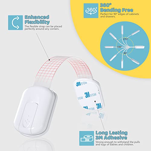 Baby Proof Cabinet Latches (14 Pack) Childproof Drawer Latches with 12 Extra 3M Adhesives, Adjustable No Drilling Child Safety Cabinet Locks Straps Baby Drawer Locks for Kids Baby Safety by 4our Kiddies