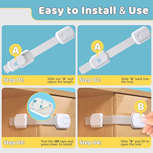 Baby Proof Cabinet Latches (14 Pack) Childproof Drawer Latches with 12 Extra 3M Adhesives, Adjustable No Drilling Child Safety Cabinet Locks Straps Baby Drawer Locks for Kids Baby Safety by 4our Kiddies