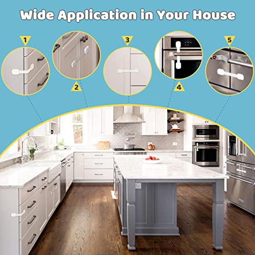 Baby Proof Cabinet Latches (14 Pack) Childproof Drawer Latches with 12 Extra 3M Adhesives, Adjustable No Drilling Child Safety Cabinet Locks Straps Baby Drawer Locks for Kids Baby Safety by 4our Kiddies