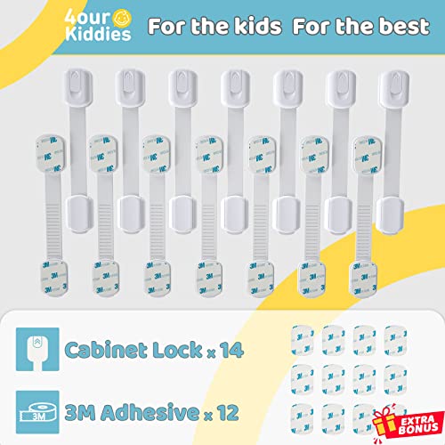 Baby Proof Cabinet Latches (14 Pack) Childproof Drawer Latches with 12 Extra 3M Adhesives, Adjustable No Drilling Child Safety Cabinet Locks Straps Baby Drawer Locks for Kids Baby Safety by 4our Kiddies