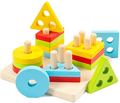 Wooden Sorting & Stacking Toys for Toddlers, WOOD CITY Educational Shape Color Recognition Puzzle Stacker, Early Childhood Development Puzzle Toys for 1 2 3 Year Old Boys Girls (4 Shapes) from WOOD CITY
