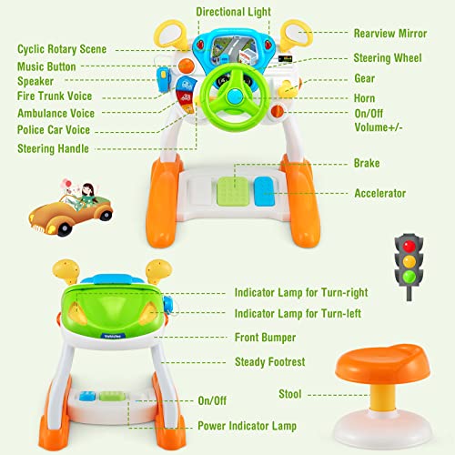 Costzon Steering Wheel Toy, Pretend Play Driving Simulated Toy w/Light and Music, Cyclic Rotary Scene, Siren Sounds, Walkie-Talkie, Stool, Interactive Learning Educational Toy for Toddler Boys Girls from Costzon