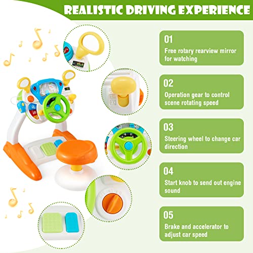 Costzon Steering Wheel Toy, Pretend Play Driving Simulated Toy w/Light and Music, Cyclic Rotary Scene, Siren Sounds, Walkie-Talkie, Stool, Interactive Learning Educational Toy for Toddler Boys Girls from Costzon
