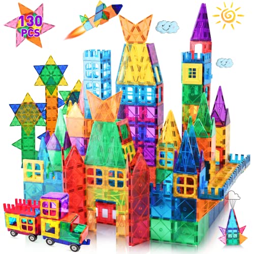 LATI 130 pcs Magnetic Tiles, Magnet Building Blocks for Kids STEM Construction Set Clear Imagination Inspirational Educational Toddler Boys Girls Kids Toys for 3 4 5 6 7 8 Years with 2 Cars from LATI