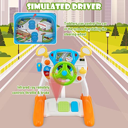 Costzon Steering Wheel Toy, Pretend Play Driving Simulated Toy w/Light and Music, Cyclic Rotary Scene, Siren Sounds, Walkie-Talkie, Stool, Interactive Learning Educational Toy for Toddler Boys Girls from Costzon