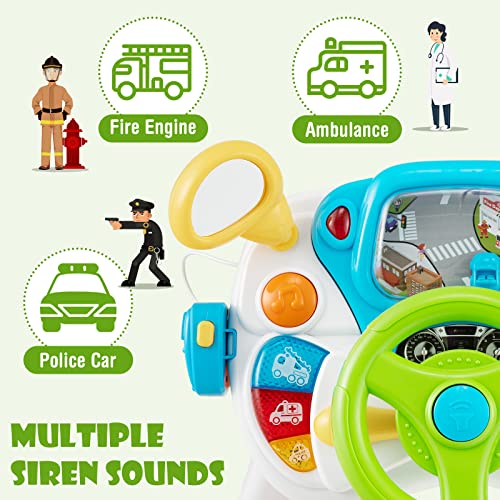 Costzon Steering Wheel Toy, Pretend Play Driving Simulated Toy w/Light and Music, Cyclic Rotary Scene, Siren Sounds, Walkie-Talkie, Stool, Interactive Learning Educational Toy for Toddler Boys Girls from Costzon