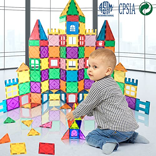 LATI 130 pcs Magnetic Tiles, Magnet Building Blocks for Kids STEM Construction Set Clear Imagination Inspirational Educational Toddler Boys Girls Kids Toys for 3 4 5 6 7 8 Years with 2 Cars from LATI