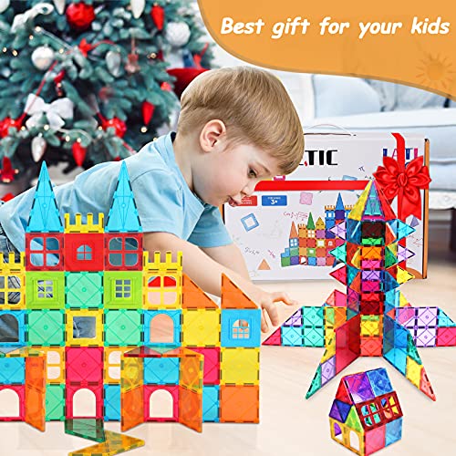 LATI 130 pcs Magnetic Tiles, Magnet Building Blocks for Kids STEM Construction Set Clear Imagination Inspirational Educational Toddler Boys Girls Kids Toys for 3 4 5 6 7 8 Years with 2 Cars from LATI