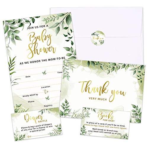25 Double-Sided Greenery Baby Shower Invitation Set with Envelopes - Gender Neutral Blank Fill-in Invites for Boy or Girl - Includes Double-Sided Books for Baby, Double-Sided Diaper Raffle, Thank You Cards and Seals from 