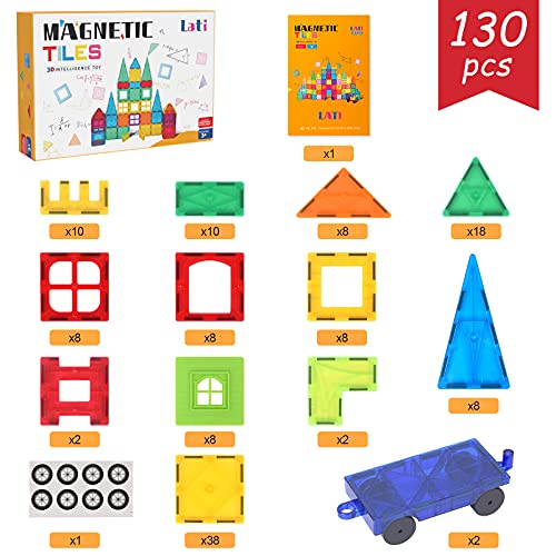 LATI 130 pcs Magnetic Tiles, Magnet Building Blocks for Kids STEM Construction Set Clear Imagination Inspirational Educational Toddler Boys Girls Kids Toys for 3 4 5 6 7 8 Years with 2 Cars from LATI