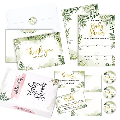 25 Double-Sided Greenery Baby Shower Invitation Set with Envelopes - Gender Neutral Blank Fill-in Invites for Boy or Girl - Includes Double-Sided Books for Baby, Double-Sided Diaper Raffle, Thank You Cards and Seals from 