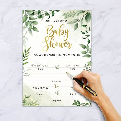 25 Double-Sided Greenery Baby Shower Invitation Set with Envelopes - Gender Neutral Blank Fill-in Invites for Boy or Girl - Includes Double-Sided Books for Baby, Double-Sided Diaper Raffle, Thank You Cards and Seals from 