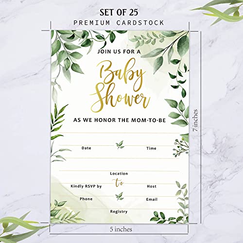 25 Double-Sided Greenery Baby Shower Invitation Set with Envelopes - Gender Neutral Blank Fill-in Invites for Boy or Girl - Includes Double-Sided Books for Baby, Double-Sided Diaper Raffle, Thank You Cards and Seals from 