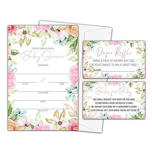 Baby Shower Invitation Kit, Diaper Raffle Games, Books For Baby, Blush Pink Floral Baby Gender Reveal Fill In Invites Cards, Each Design 25 Cards & 25 Envelopes ï¼A Total of 100 setï¼- BABYSET-015 by mermermu