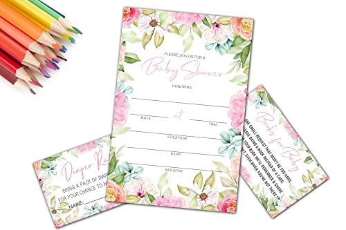 Baby Shower Invitation Kit, Diaper Raffle Games, Books For Baby, Blush Pink Floral Baby Gender Reveal Fill In Invites Cards, Each Design 25 Cards & 25 Envelopes ï¼A Total of 100 setï¼- BABYSET-015 by mermermu
