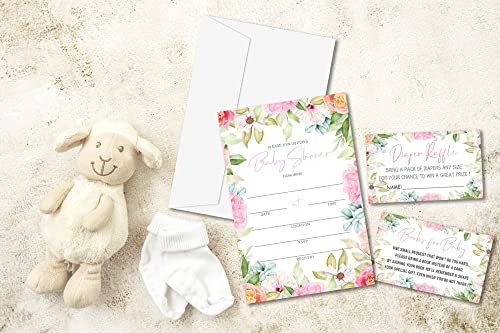 Baby Shower Invitation Kit, Diaper Raffle Games, Books For Baby, Blush Pink Floral Baby Gender Reveal Fill In Invites Cards, Each Design 25 Cards & 25 Envelopes ï¼A Total of 100 setï¼- BABYSET-015 by mermermu