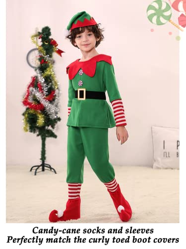 TPMG Toddler Boys Christmas Elf Costume Outfit Kids Halloween Holiday Dress Up Clothes with Top Pants Hat Socks, 7-8Y from TPMG